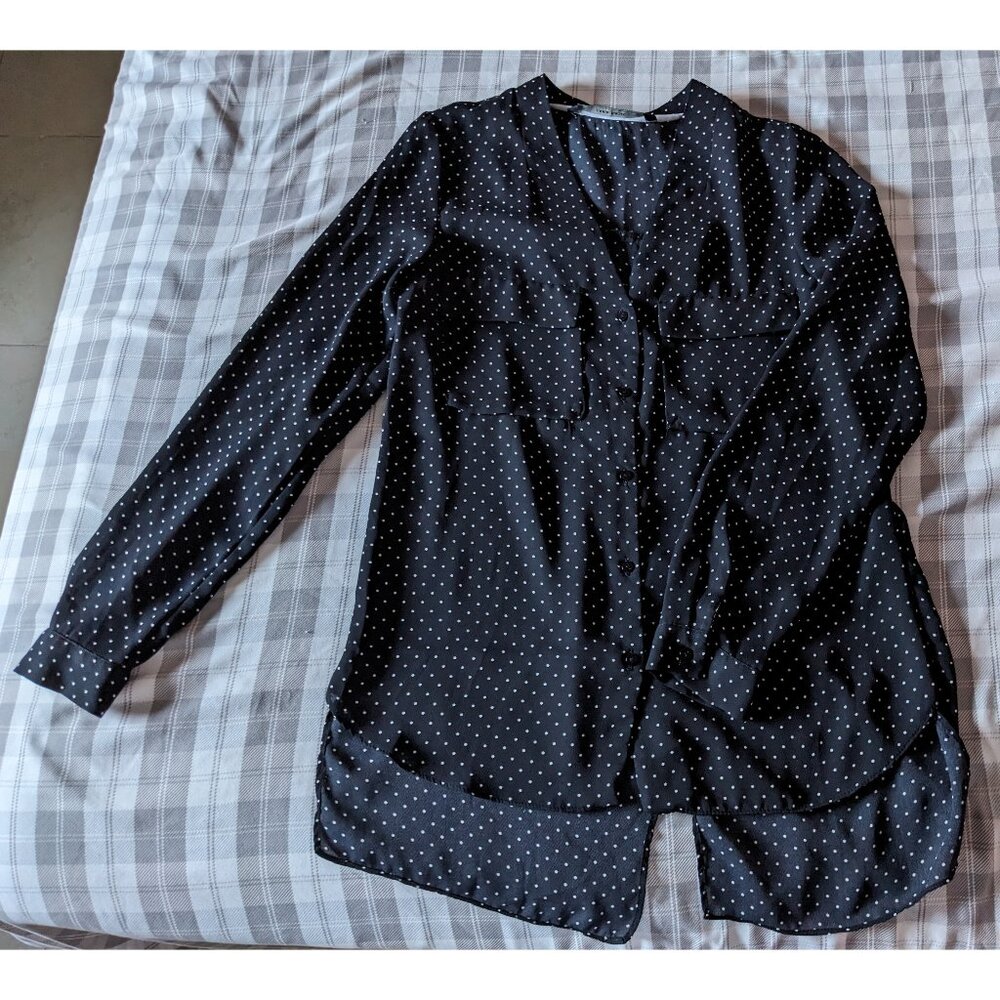 Zara Basic Chiffon Sheer Long Sleeve Button Up Blouse (Black & White Dots Xsmall